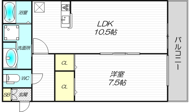 グランシャリオⅢの角部屋201号室1LDK45.34㎡南向きの間取り図